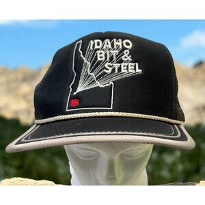 Vintage Idaho Bit & Steel Trucker Hat Mesh Snapback Black State Outline 90s